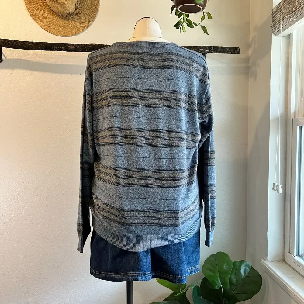 Vintage 90s Blue Knit Oversized Striped Crewneck Pullover Sweater Size XL